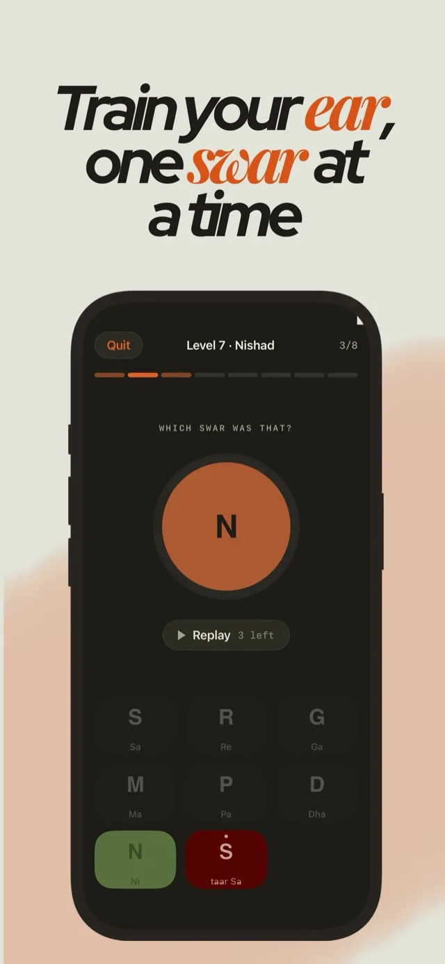 An ear-training round labelled level 7, Nishad, three of eight, asking which swar was that, with a replay button reading three left and swar buttons for Sa through taar Sa